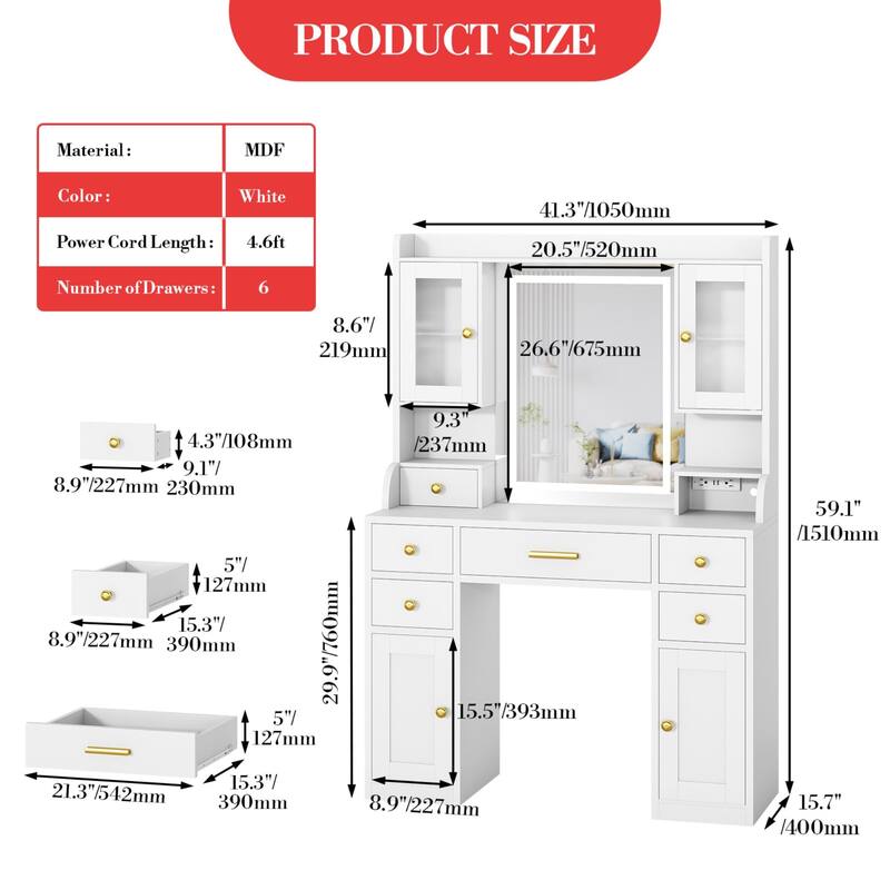 41" Vanity Desk with Mirror and Lights, Makeup Vanity with 6 Drawers, Storage Shelves