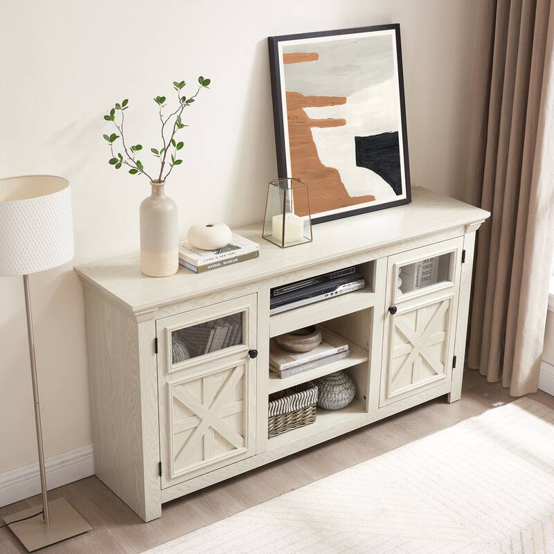 Farmhouse TV Stand, 2-Door Cabinet Media Stand with Barn Design and Open Shelving, for Living Room, White