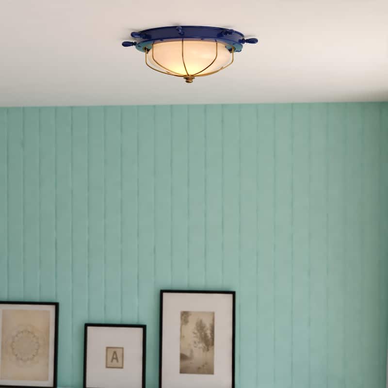 Orleans Coastal Ship Wheel Indoor Outdoor Ceiling Light White Glass - 15-in W x 5-in H x 15-in D