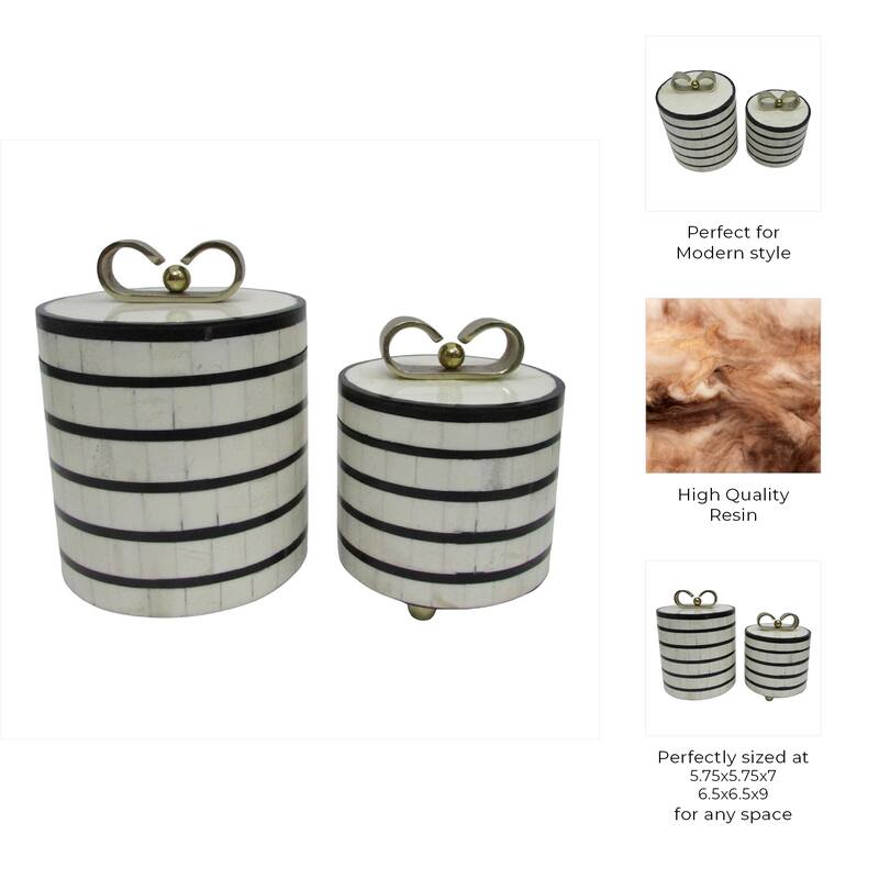 Resin Boxes Stripe Inlay with Lid Handles (Set of 2) - 9", 7" Cream - 6.5" x 6.5" x 9"