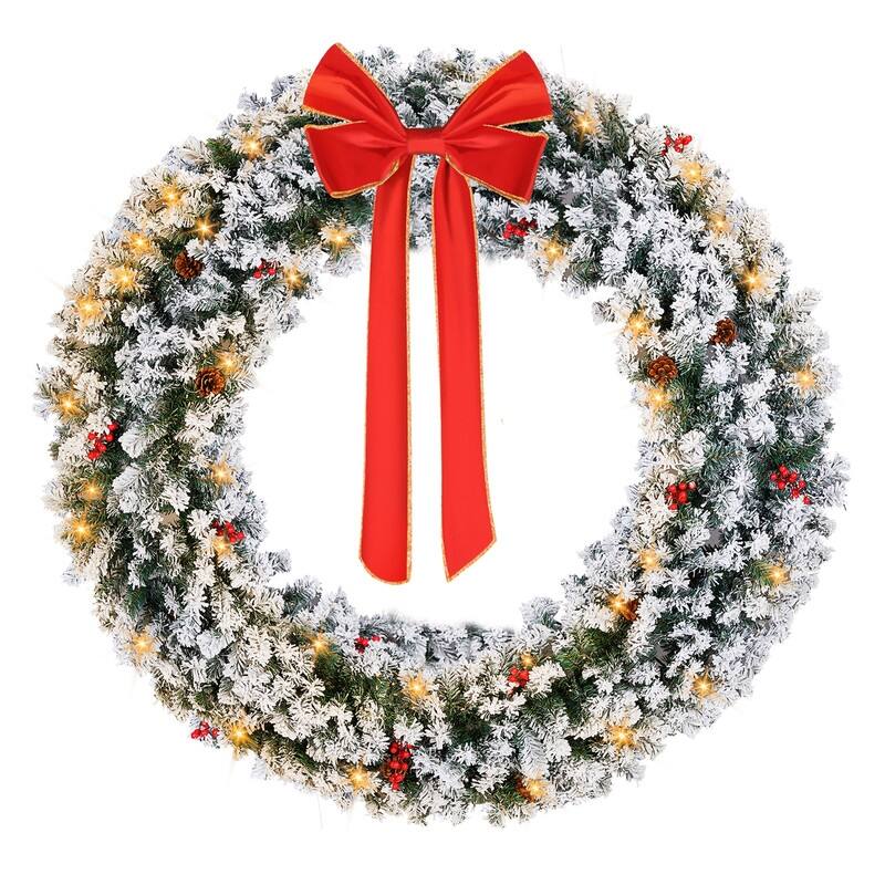 Pre-lit Snow Flocked Christmas Wreath, Lighted Artificial Xmas Wreath with Lights and DIY Ornaments, for Xmas Party Decorations