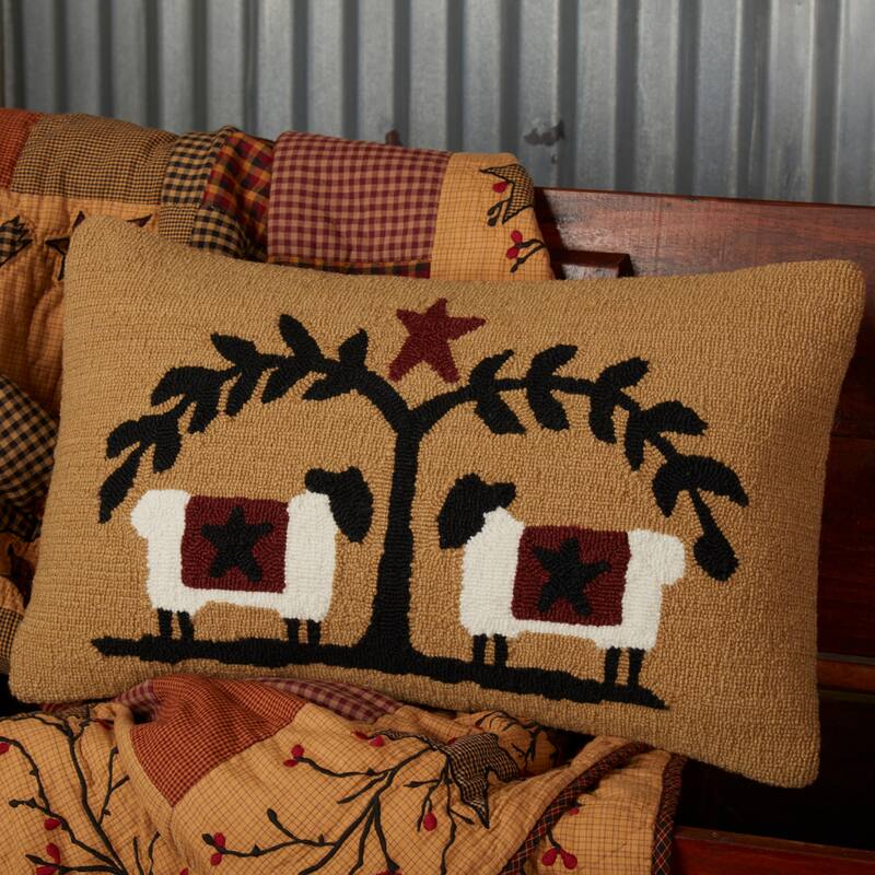 Heritage Farms Sheep and Star Hooked Pillow 14x22 - Accent - Pillow 14x22 - Polyester - Mustard Tan/Raven Black/Burgundy