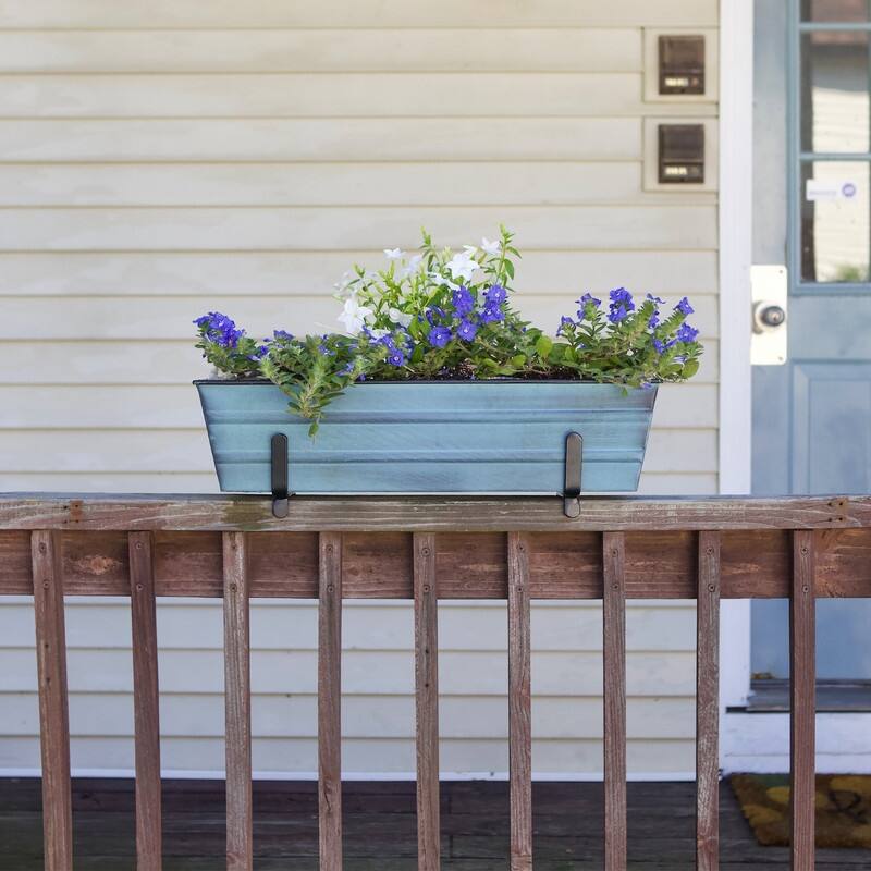 Achla Designs Small Galvanized Steel Flower Box Planter With Brackets for 2 x 4 Railings, 22 Inch Wide