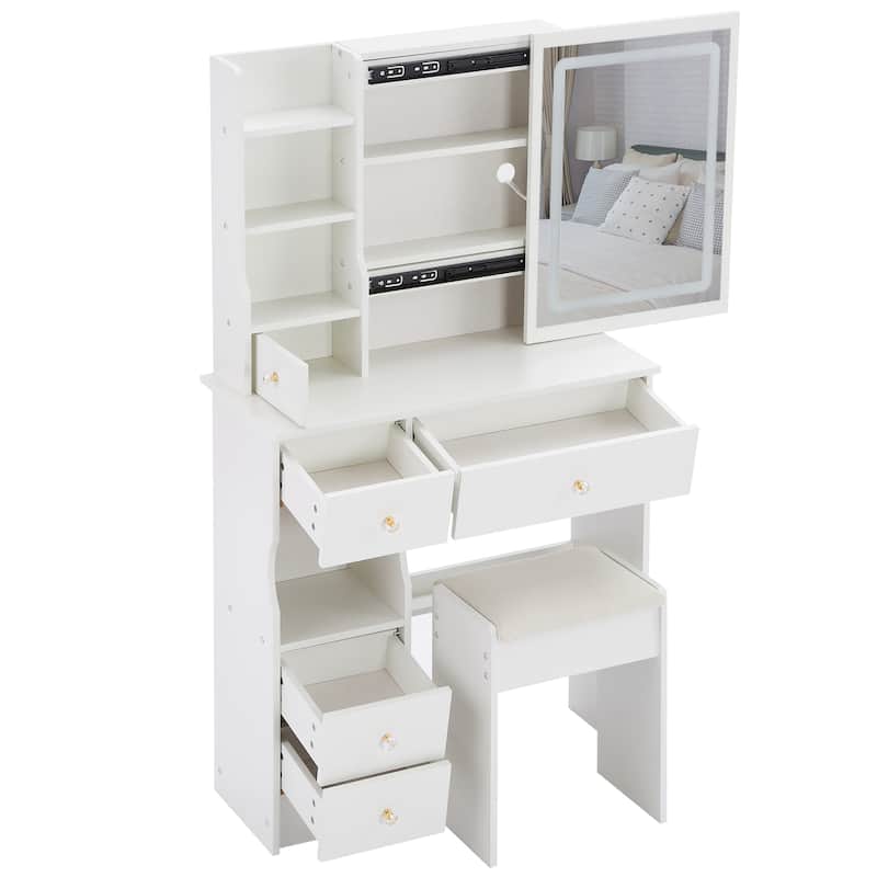 29.2"Small Size Drawer Desktop Vanity Table+Cushioned Stool,2 AC+2 USB Power Station,Hair dryer bracket,Touch Control LED Mirror