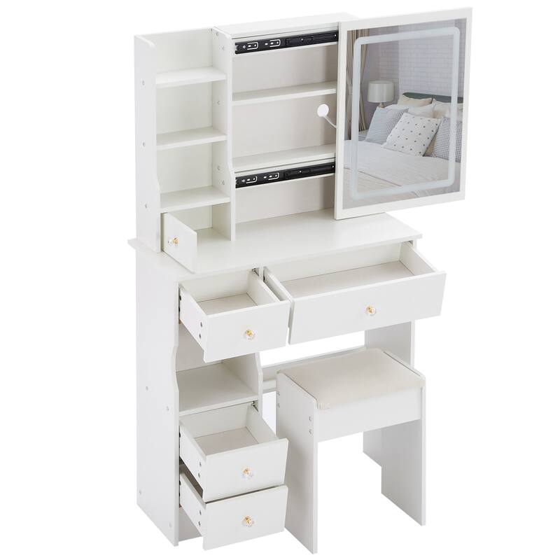 29.2"Small Size Left Drawer Desktop Vanity Table+Cushioned Stool,Hair dryer bracket,Extra Large Touch Control Sliding LED Mirror
