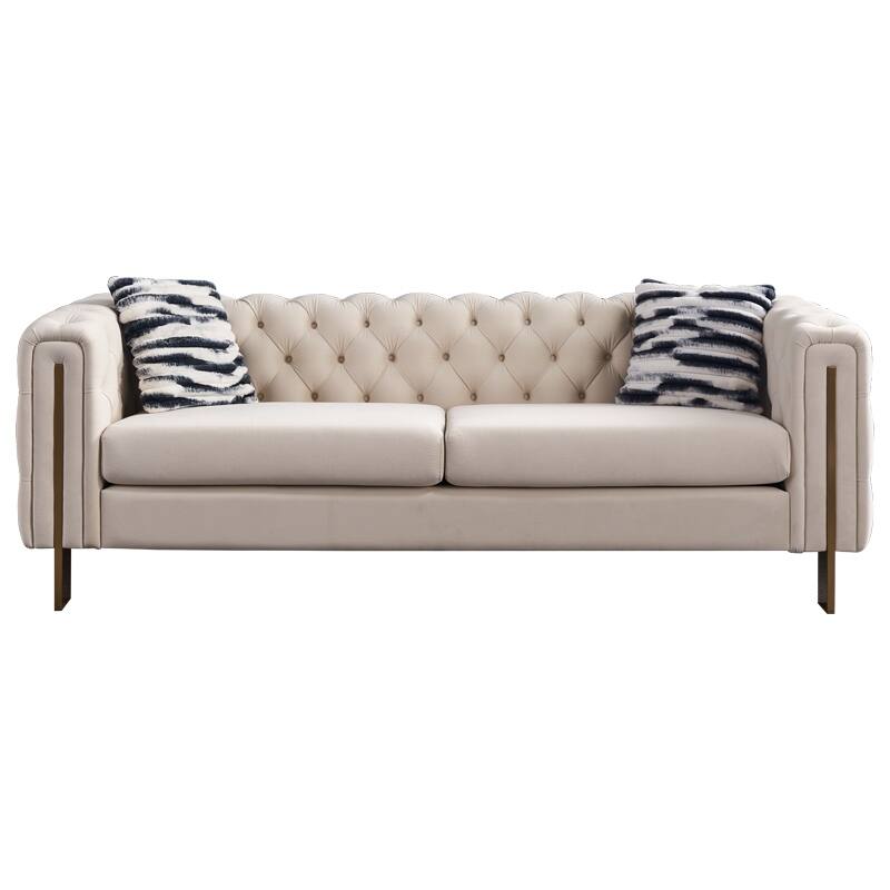 84.25" Velvet Chesterfield Sofa with Button Tufting, Gold Metal Legs, and Toss Pillows for Living Room Comfort