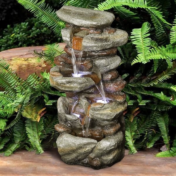 slide 1 of 10, 30-inch H Outdoor Water Fountain w/LED Lights Water Feature for Home Polyresin - Floor/Lighted - Grey