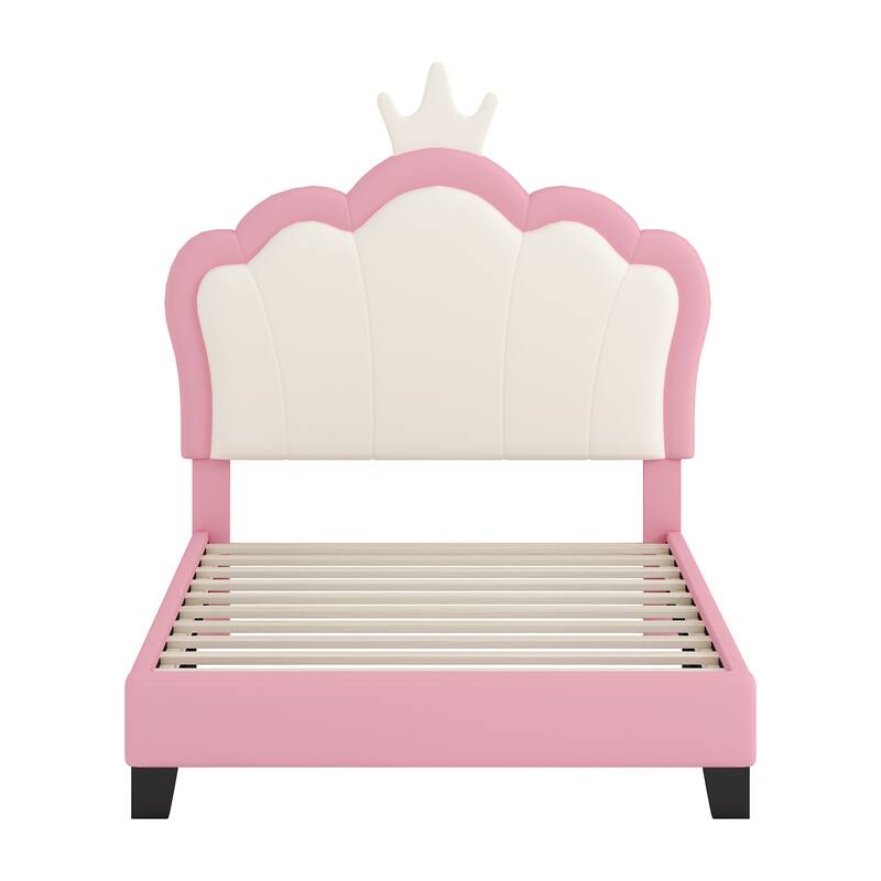 Cute Girl Princess Bed with Crown Headboard, PU Upholstered Platform Bed, Wood Panel Bed Low Profile Bed