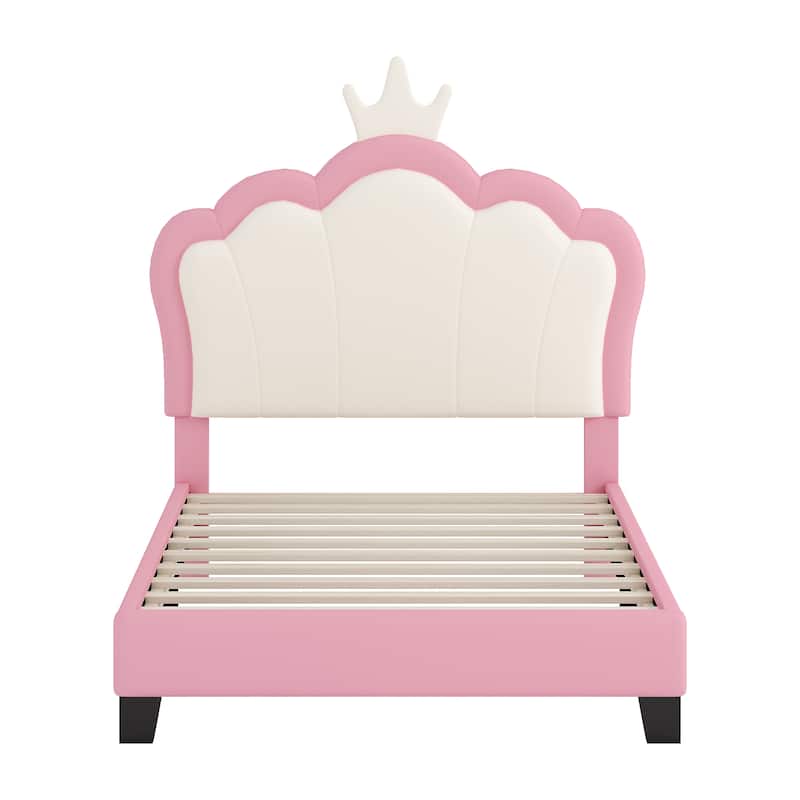 Twin size Upholstered Princess Bed With Crown Headboard,Twin Size Platform Bed with Headboard and Footboard