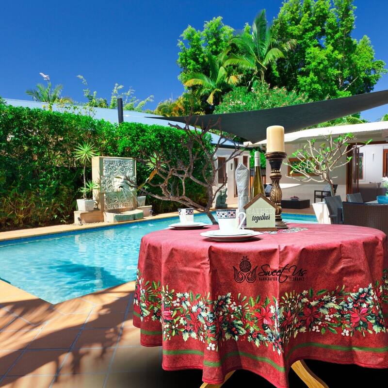 Christmas Acrylic Coated Wipeable Spill Resistant French Tablecloth - 71 inches - Red