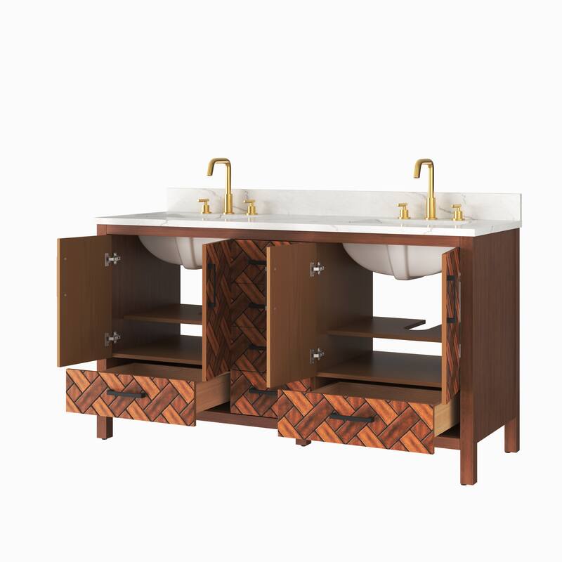 60" Freestanding Bathroom Vanity with Engineered Stone Top, Ceramic Double-Sink, Built-In Power Outlet, and Hair Dryer Storage
