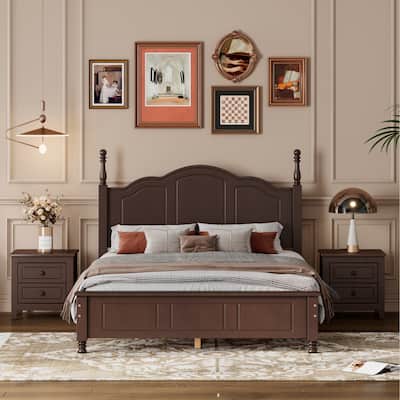 3 Pieces Bedroom Sets, Full Size Platform Bed Frame with Headboard & 2 Nightstand, Solid Wood Bedroom Furniture Sets, Walnut