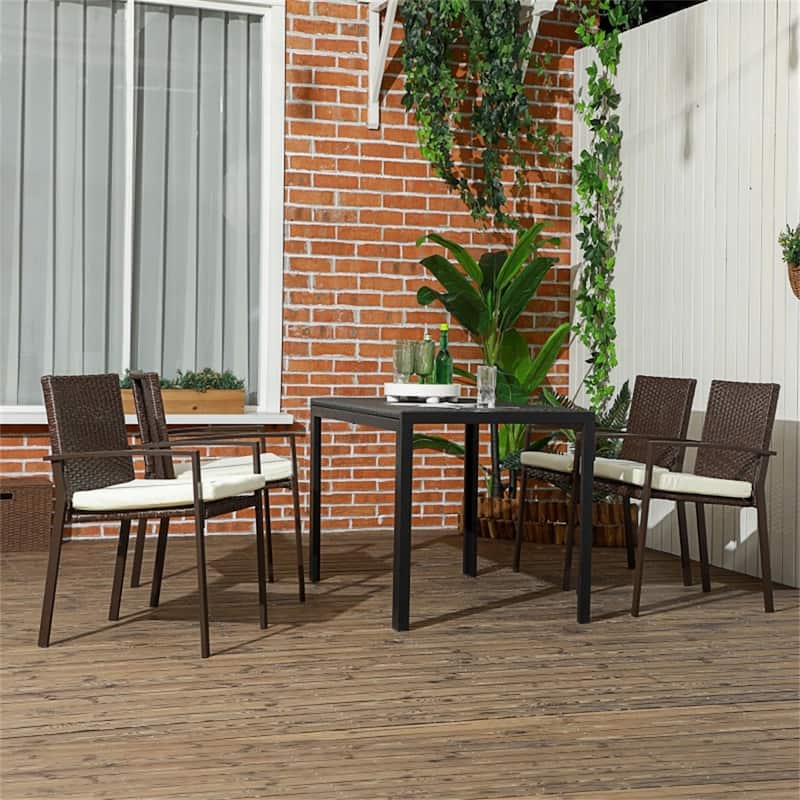 Brown PE Rattan Outdoor Chair Set with Cream Cushions and Steel Frame - 20.9" W x 22.8" D x 32.75" H