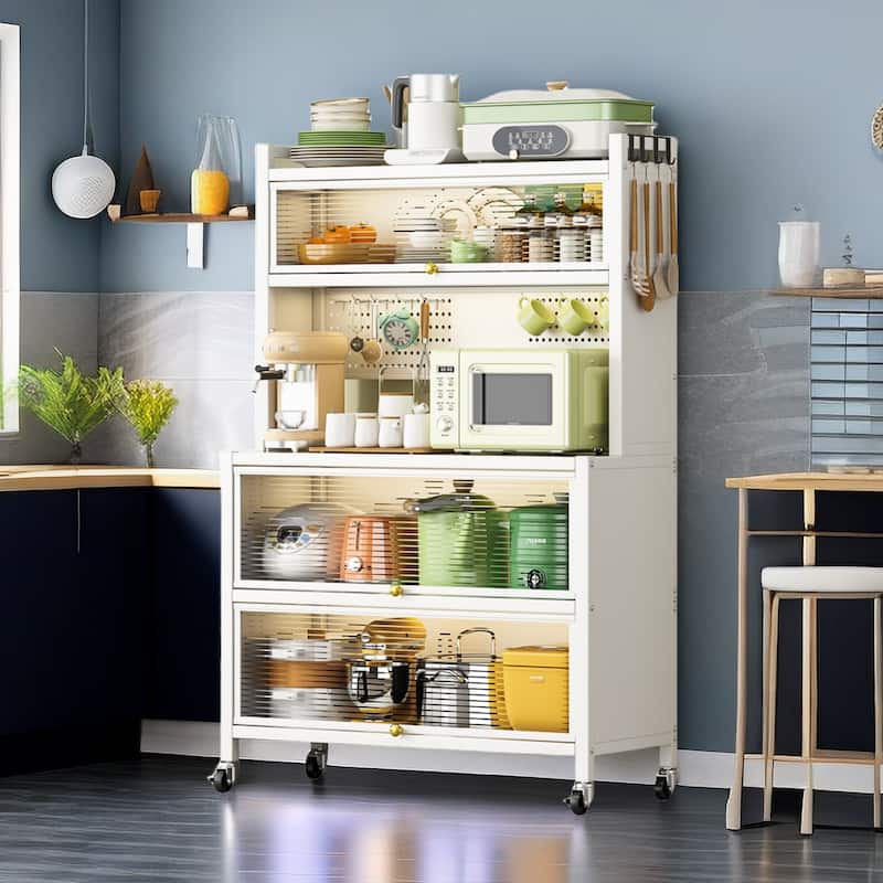 Kitchen Storage Cabinets with wheels - Bakers Rack Countertop, Microwave Oven Shelf Cabinet, Storage Organizer - White