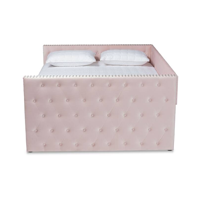 Full Size Daybed with Trundle - Velvet Upholstered Button Tufted Bed Frame - Silver Nailhead Trim