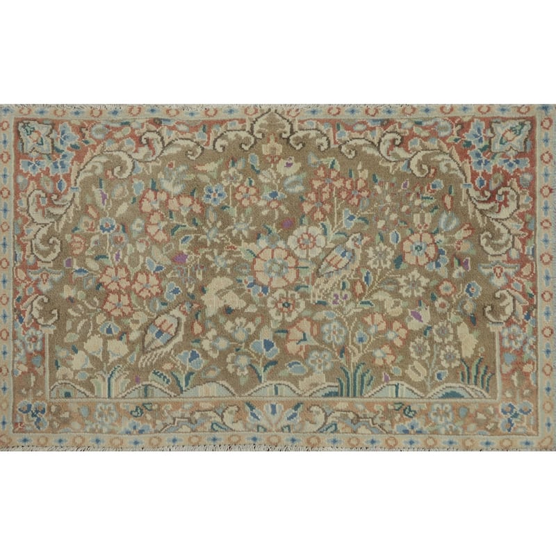 Hand Knotted Oriental 100% Wool Carpet Traditional Floral Brown Kerman Area Rug - 2' 9'' X 1' 10''