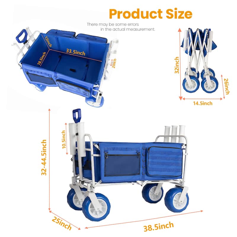 Beach Wagon Cart with Rod Holders and 9" All-Terrain Wheels, 500lbs Heavy Duty Collapsible Folding Wagon, Adjustable Handle