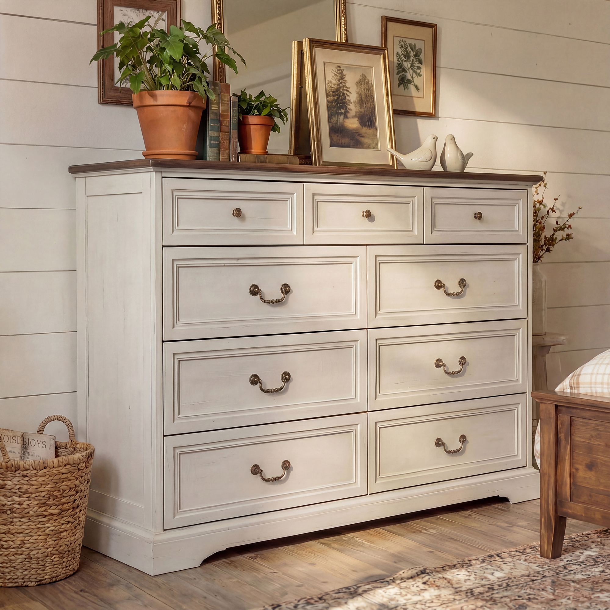 Drawer - 桜値下げdrawerドゥロワーケヌキノーカラーロングジレ36 Farmhouse 9-Drawer Dresser with Antique Bronze Pulls, 52
