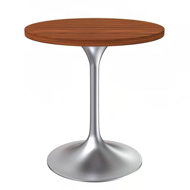 LeisureMod Verve 27" Round Dining Table with MDF Wood TableTop and Brushed Chrome Base for Kitchen & Dining Room - Cognac Brown
