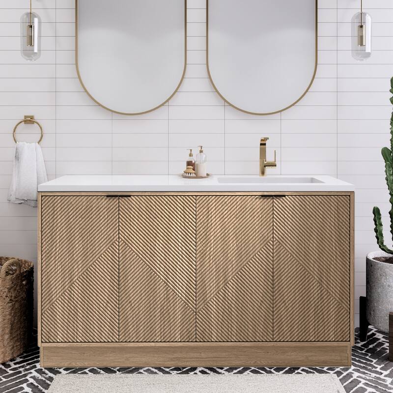 Milano 60" Freestanding Bathroom Vanity with Right White Sink - 59.06" x 19.49" x 35.46'' - Beige