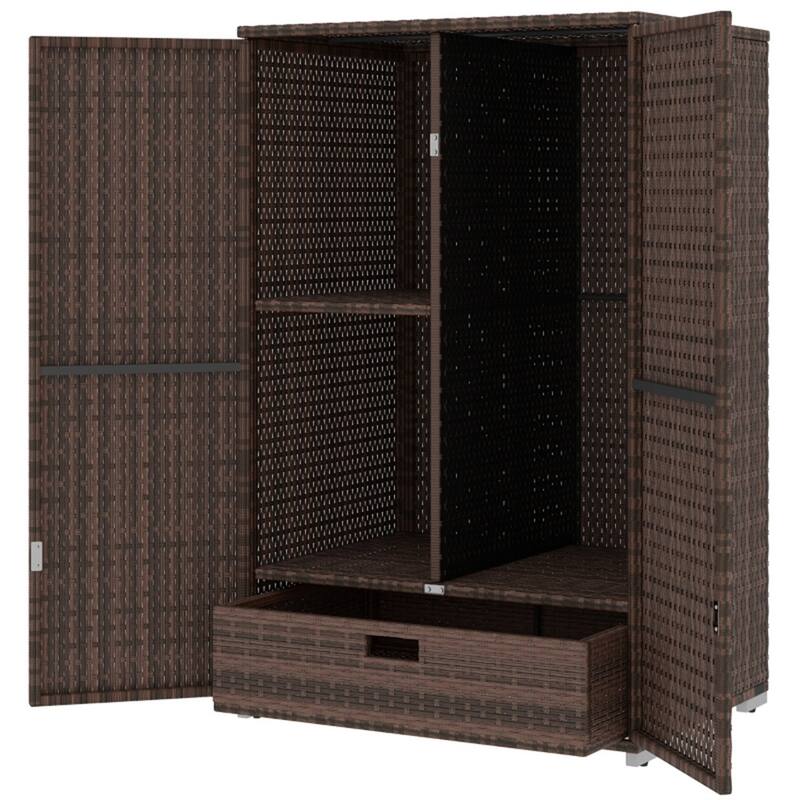 Mixed Brown PE Rattan Outdoor Storage Cabinet with Drawer and Doors - 31.5" L x 23.6" W x 47.2" H - Mix Brown