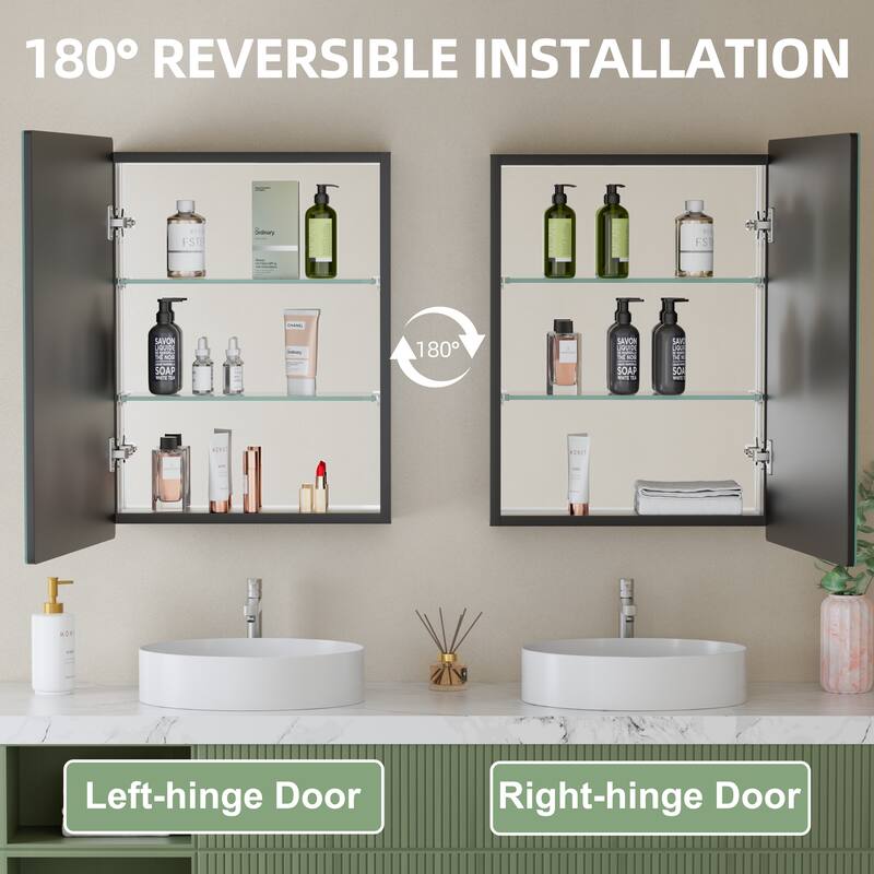 Mira Rectangular Frameless Medicine Cabinet with Mirror, Sliding Adjustable Glass Shelves, Reversible Door