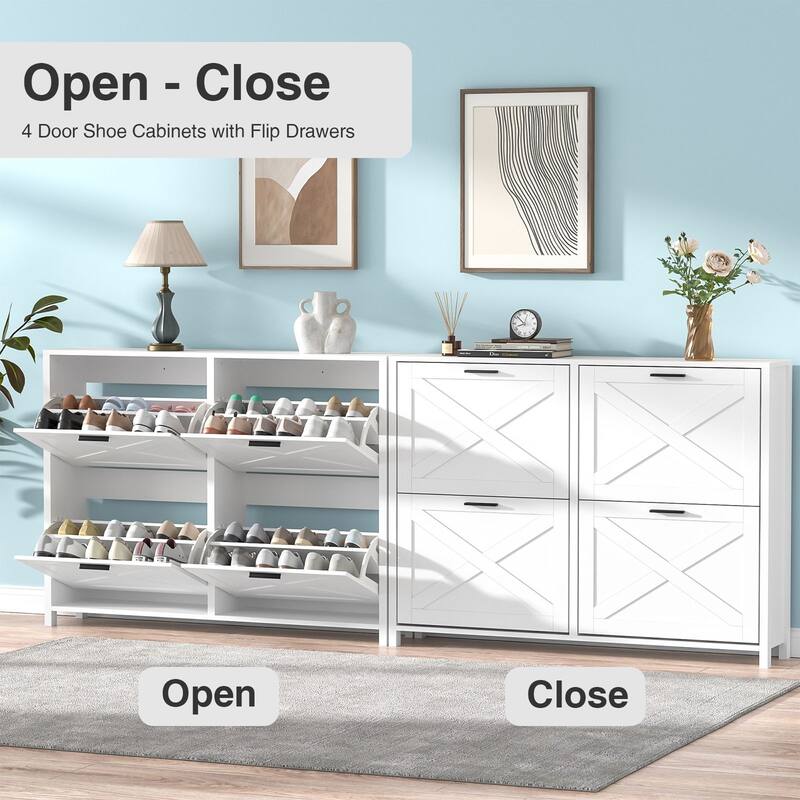 Farmhouse Shoe Cabinet with 4 Flip Drawers - Entryway Shoe Storage - White