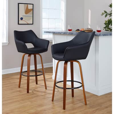Porch & Den Mac 30" Fixed-Height Upholstered Bar Stool with Bent Wood Legs & Round Footrest (Set of 2)