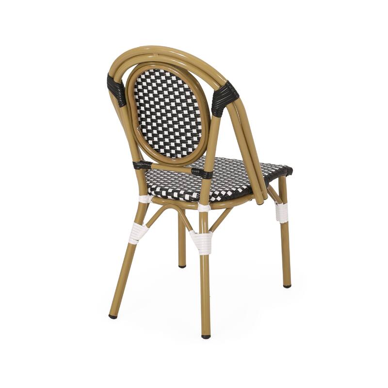 Bo Outdoor Bistro Chair Set of 2, White and Black Faux Rattan, Metal