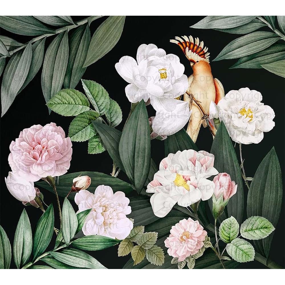 Exotic Flowers Night Garden Wallpaper Mural Tropical Bird
