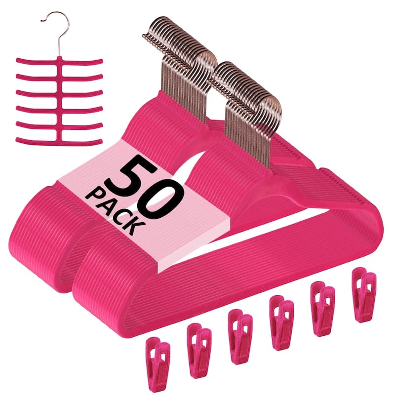 Javlergo 50/100 Pack Velvet Hangers, Heavy Duty Non Slip & Space-Saving Cloth Hangers with 6 Finger Clips & Tie Rack