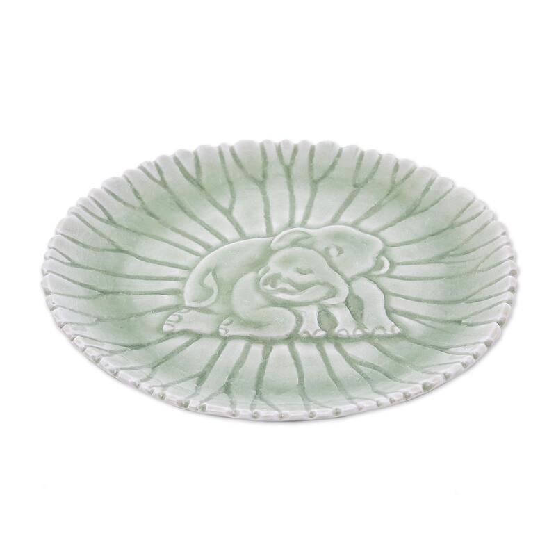 Novica Handmade Elephant Nurture Small Celadon Ceramic Plate
