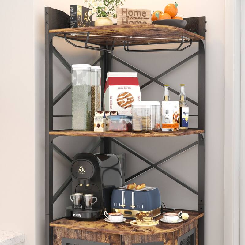 Corner Bar Cabinet with Charging Station and Ambiance Light, Liquor Display Storage Shelves with Glass Holder - Brown