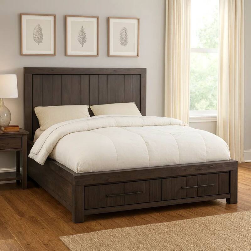 Adan California King Storage Bed, Panel Design, 2 Drawers, Gray Brown