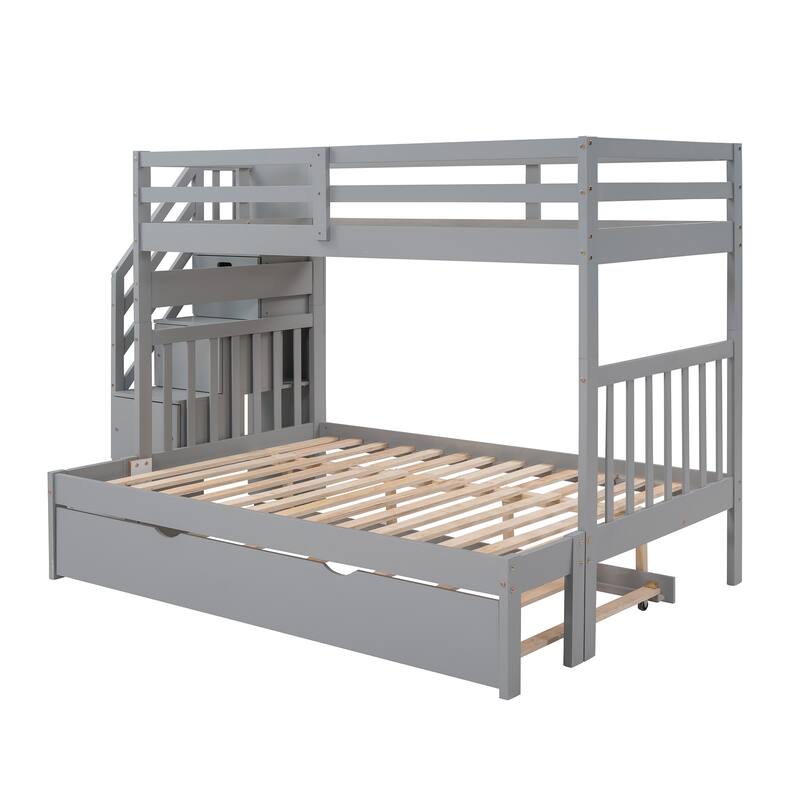 Twin Over Full Bunk Bed with Trundle and Storage Stairs Solid Pine Wood Frame
