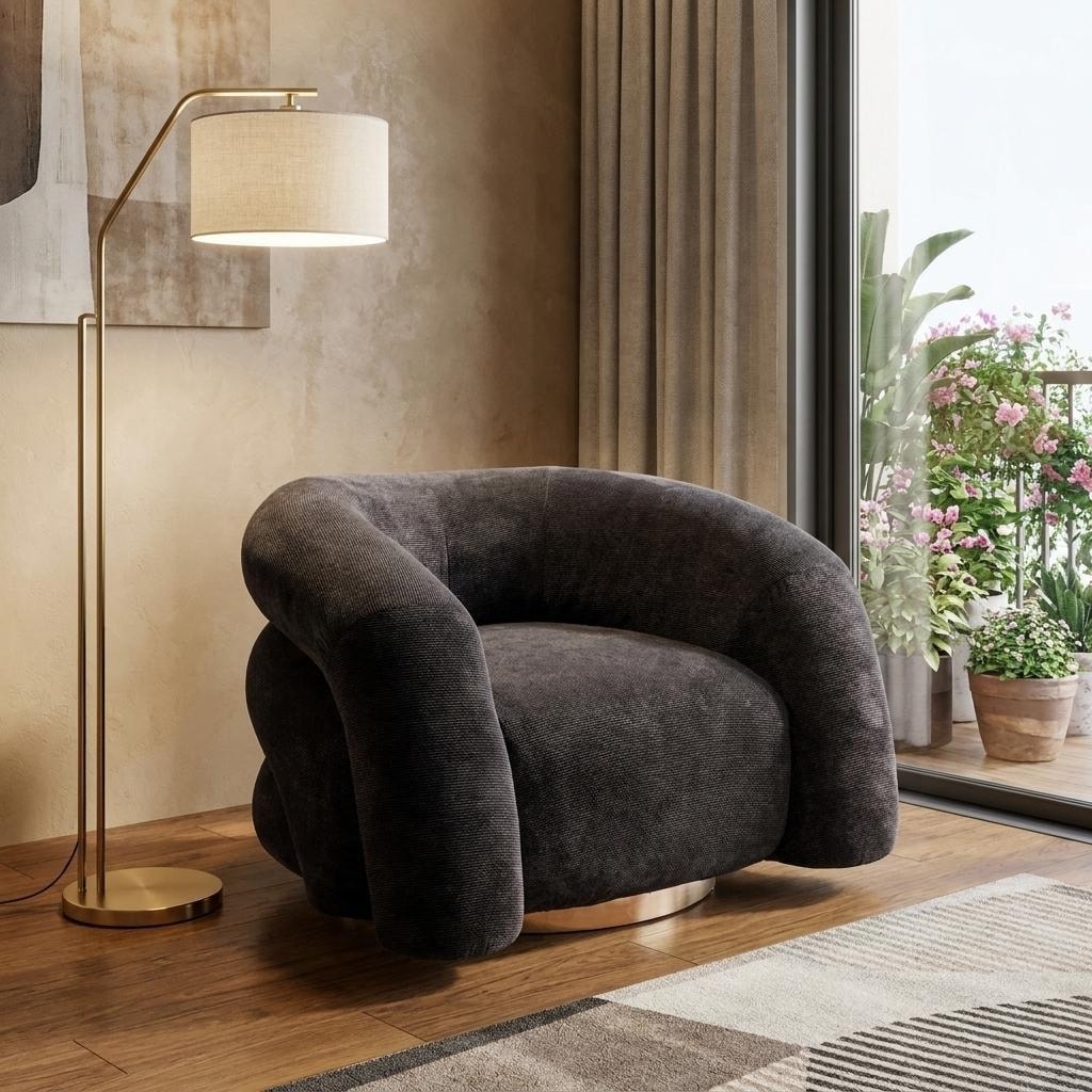 HomeRoots 37" Black And Gold Faux Shearling And Upholstered Arm Chair - 37.00 in. x 23.60 in. x 33.00 in.