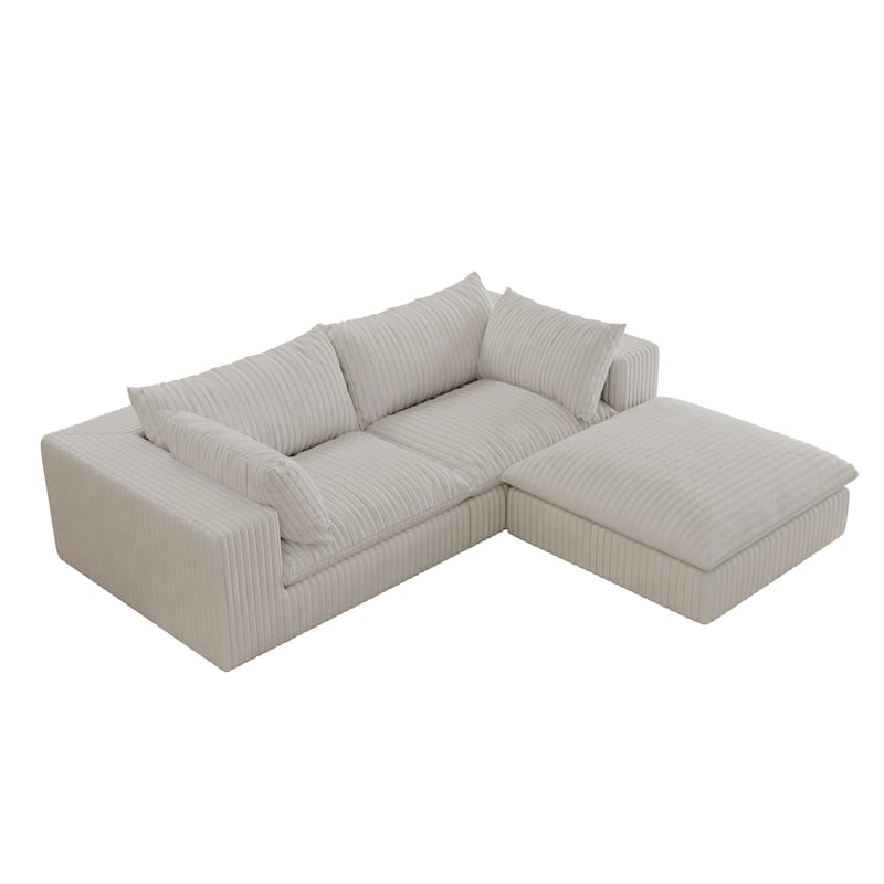 Corduroy Loveseat & Ottoman Set, L-shaped Sectional Sofa with Double-layer Seat Cushions, Modular Chaise Lounger Couch