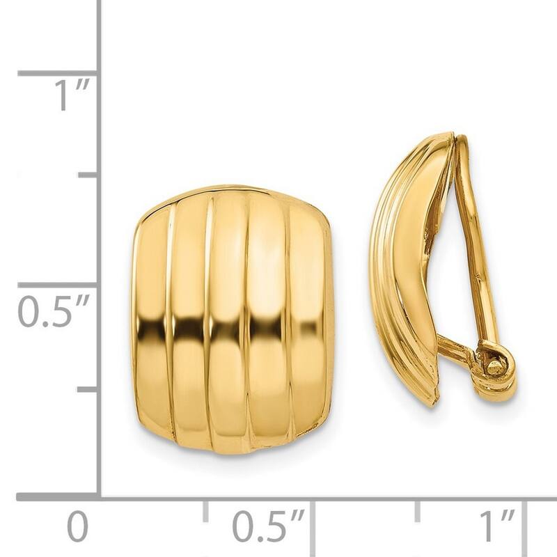Curata 14k Yellow Gold Open back Polished Ribbed Non Pierced Omega Back Earrings - 17x12mm Wide