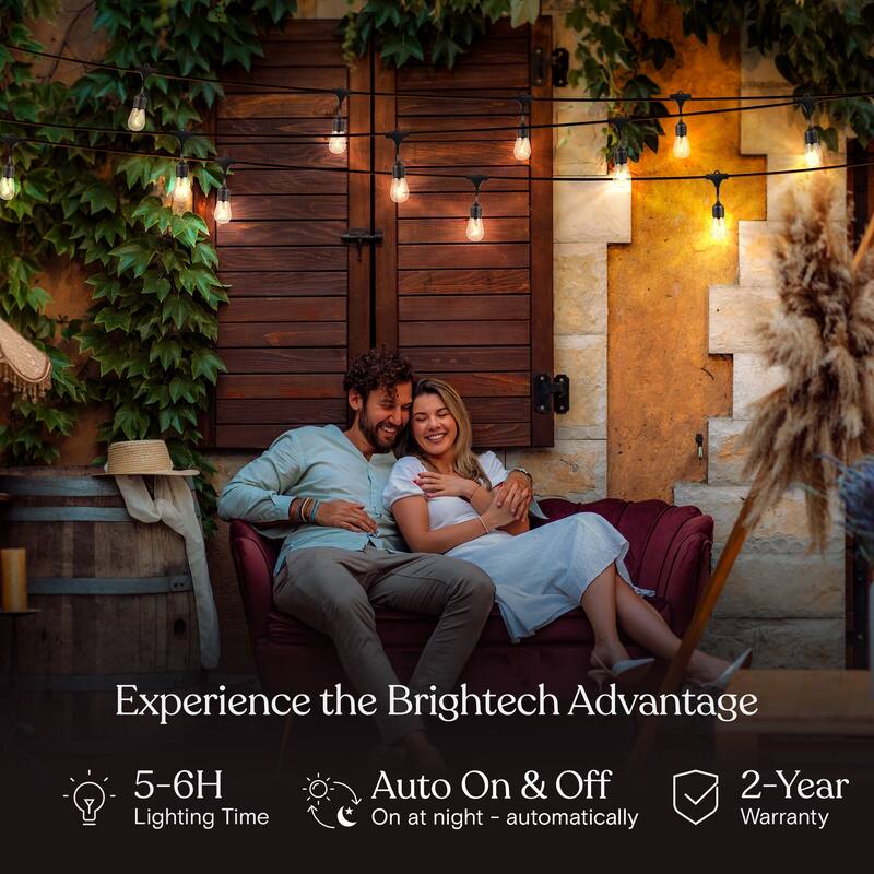 Brightech Ambience Pro 12-Light 27 ft. Outdoor Solar 1W 3000k LED S14 Hanging Remote Control Edison Bulb String-Light