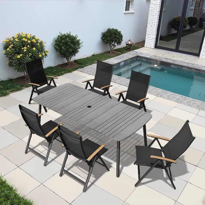 7/9PC Patio Dining Table Rectangular Aluminum Outdoor Table with Folding Chairs - 81.5in-GreyTable-7PC