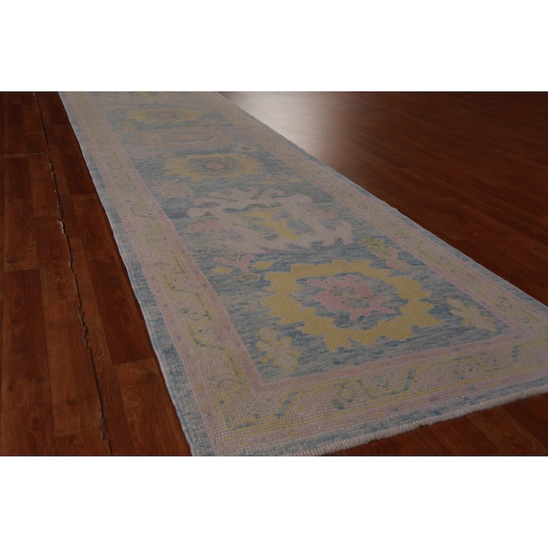 Hand Knotted Oriental 100% Wool Carpet Transitional Floral Navy Blue & Blues Oushak Runner Rug - 12' 9'' X 3' 2''