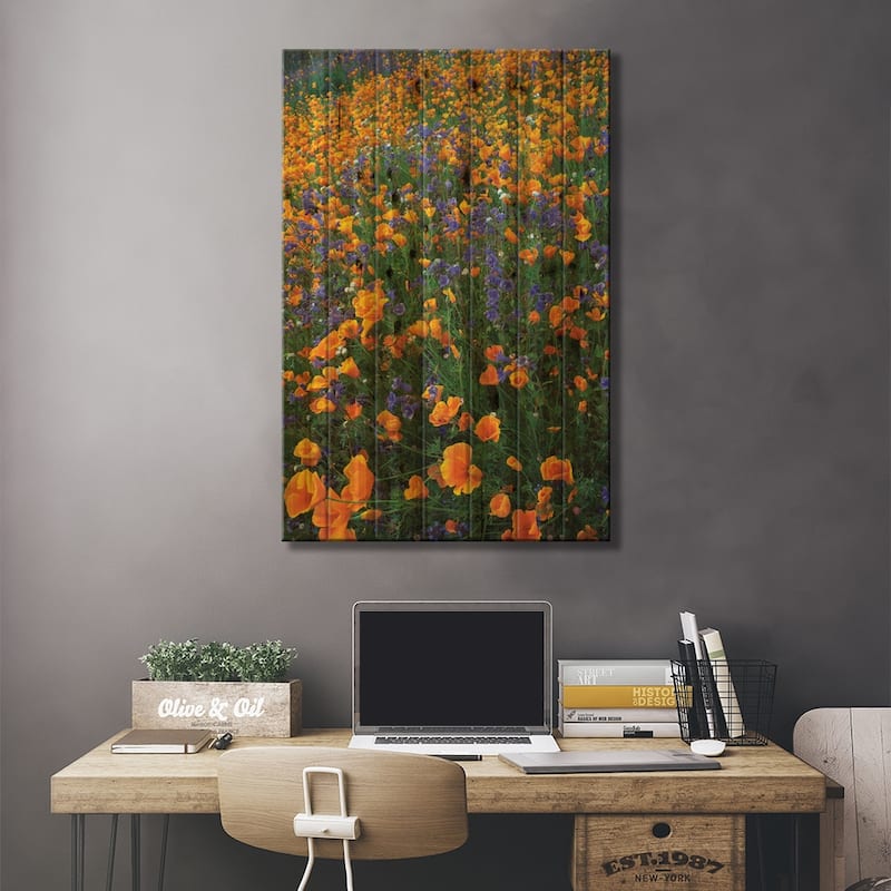 California Poppy And Desert Bluebell Flowers, Antelope Valley, California II Print On Wood by Tim Fitzharris - Multi-Color