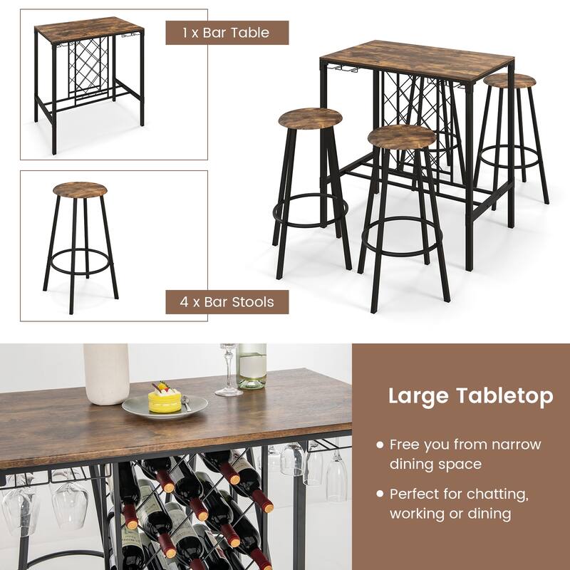 5 Pieces Bar Table and Stools Set with Wine Rack and Glass Holder-Rustic Brown - 39.5" x 23.5" x 40"