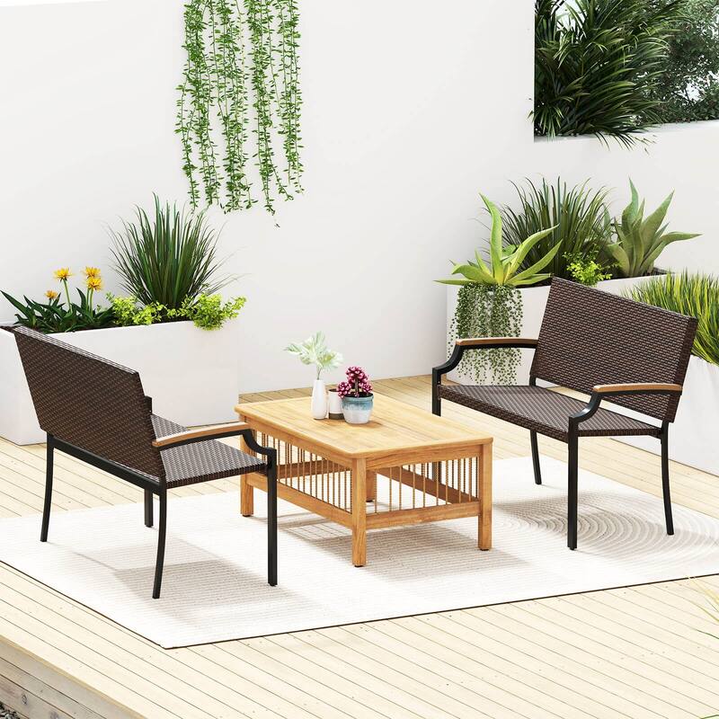 Costway 1/2 PCS Patio Wicker Loveseat Chair with Acacia Wood Armrests