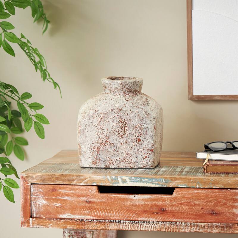 Brown Ceramic Antique Style Textured Square Decorative Vase - Brown