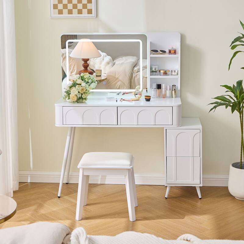 Modern Makeup Vanity Desk with LED Lights & Mirror, 4 Drawer Dressing Table Set with Stool, 3 Colors Dimmable Brightness - White