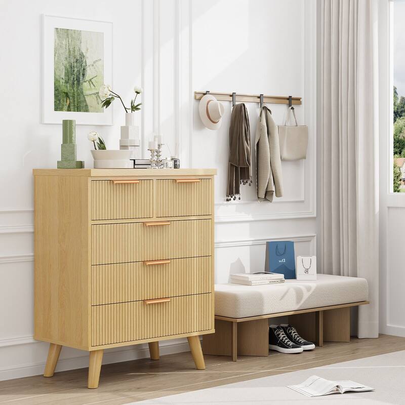 Gymojoy Fluted 5 Drawer Dresser, Modern Wood Chest of Drawers, Closet Dresser Organizer