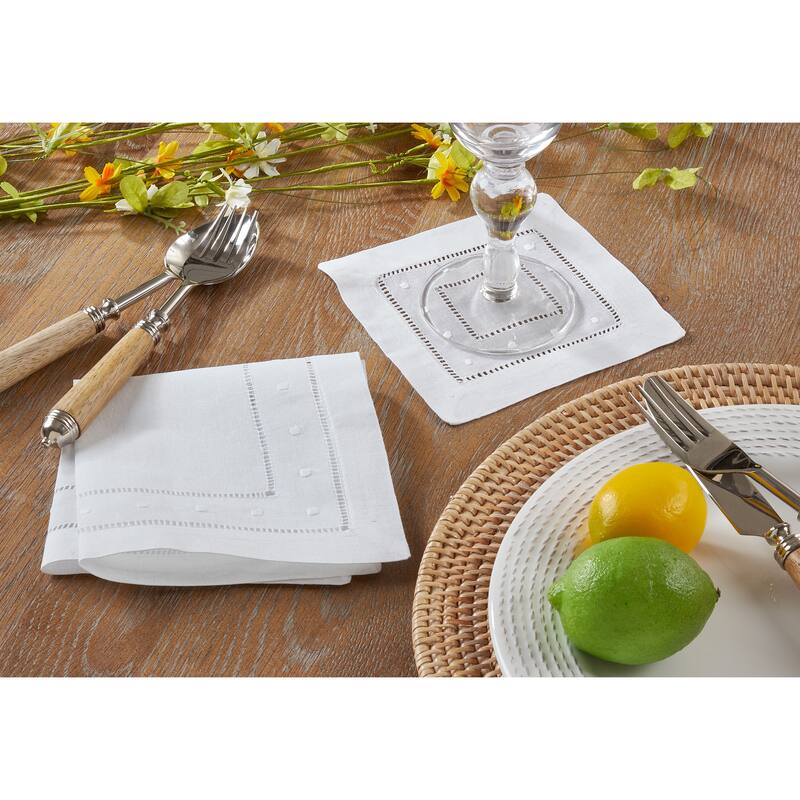 Embroidered Dot and Hemstitched Cocktail Napkin (Set of 12)