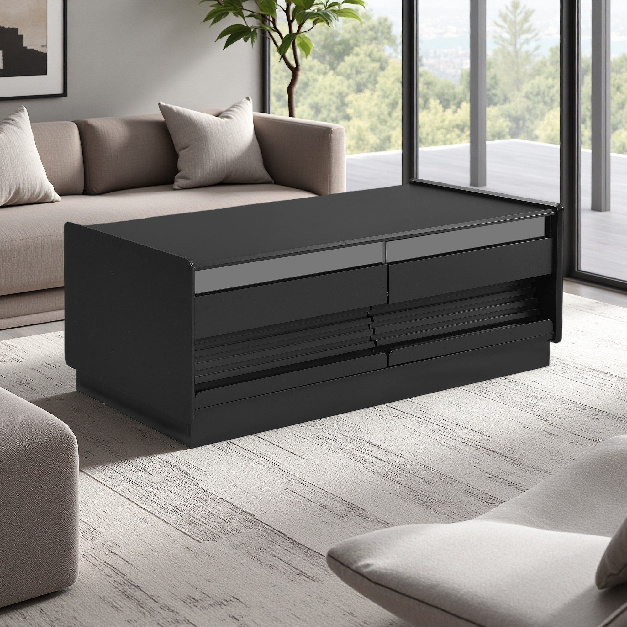 47.2" Fluted Glass Coffee Table with Drawers & Shelves