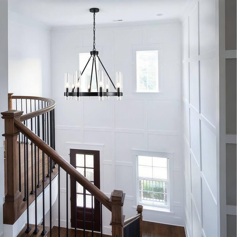 8-Light Industrial Wagon Wheel Chandelier with Glass